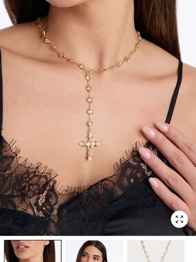Fashion Nova Gold Heart Lariat Necklace with Cross Pendant